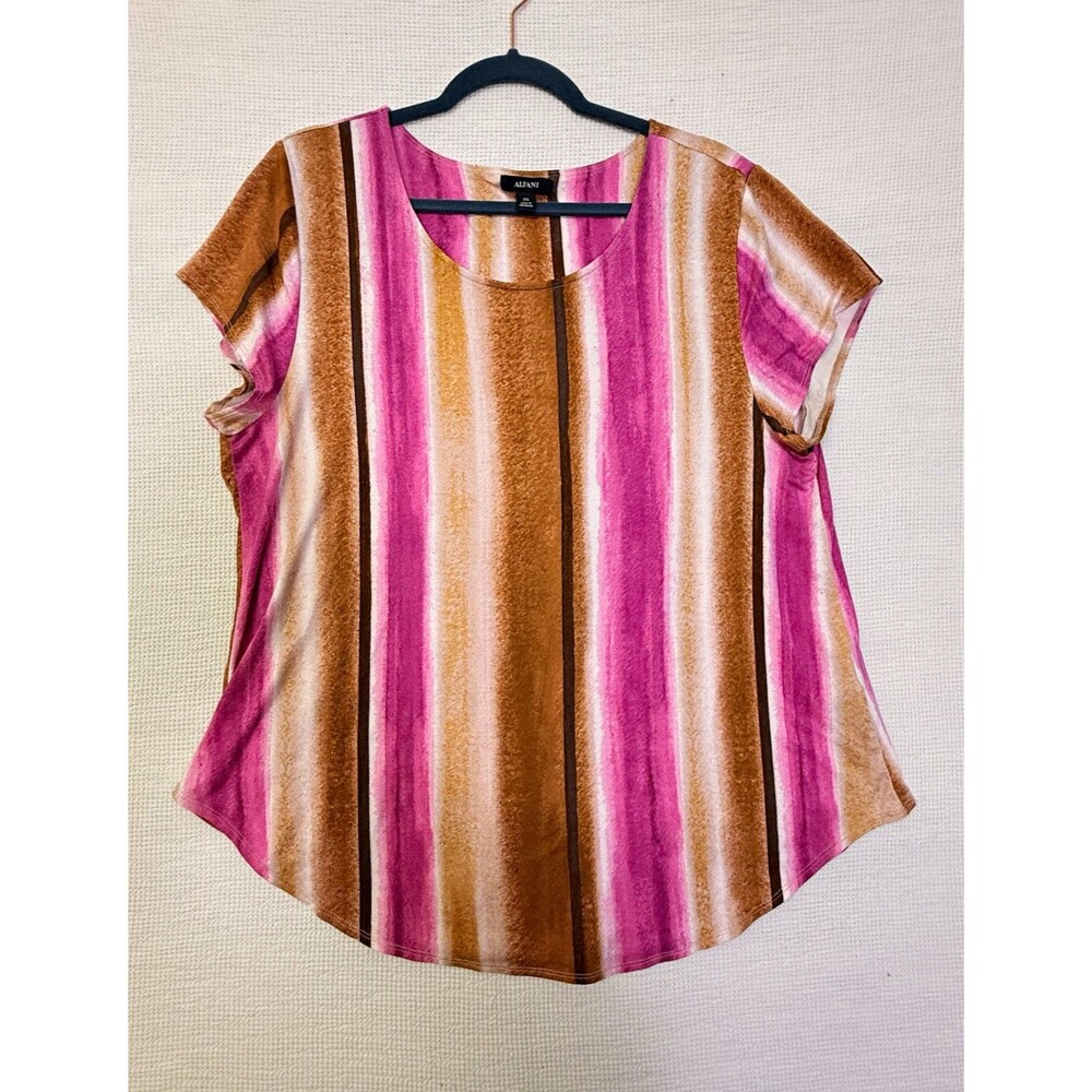 Alfani Women’s 2XL XXL Pink Brown White Striped Short Sleeve Top shirt blouse